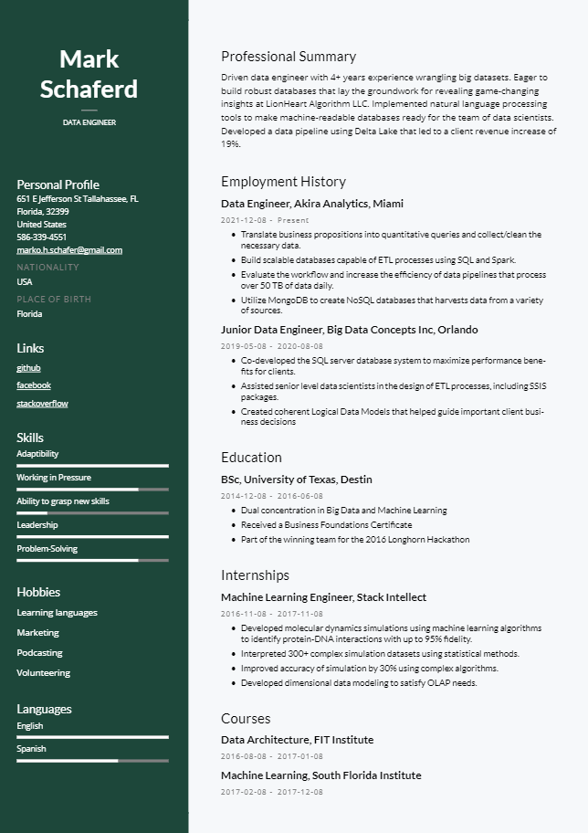 Instaresume Resume Template: Two column resume template